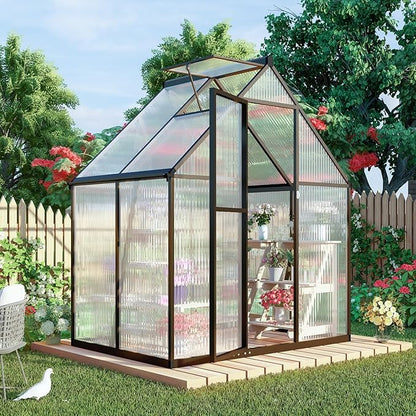 6 x 4 FT Greenhouse for Outdoors, Polycarbonate Panel Greenhouse Outdoor Quick Setup Structure, Roof Vent, Aluminum Large Walk-in Green House for Outside Garden, Charcoal Black