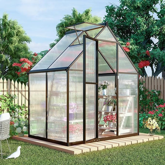 6 x 4 FT Greenhouse for Outdoors, Polycarbonate Panel Greenhouse Outdoor Quick Setup Structure, Roof Vent, Aluminum Large Walk-in Green House for Outside Garden, Charcoal Black
