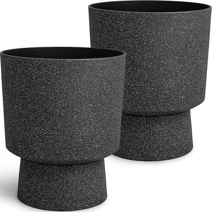 Autodaya 16.8" Black Terrazzo Pedestal Planters Set of 2 with Drainage Hole | Modern Plastic Flower Pots with Weather-Resistant Finish for Indoor or Outdoor Garden, Patio, Balcony, or Entryway Decor