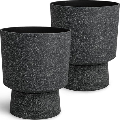 Autodaya 16.8" Black Terrazzo Pedestal Planters Set of 2 with Drainage Hole | Modern Plastic Flower Pots with Weather-Resistant Finish for Indoor or Outdoor Garden, Patio, Balcony, or Entryway Decor