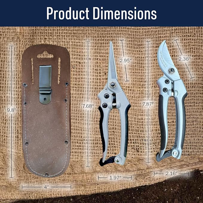 Pruning Shears for Gardening 2-Pack - 7.87” Bypass Pruners and 7.67” Straight Garden Scissors with Carbon Steel Blades and Leather Sheath - Handheld Plant Clippers and Snips by Kings County Tools