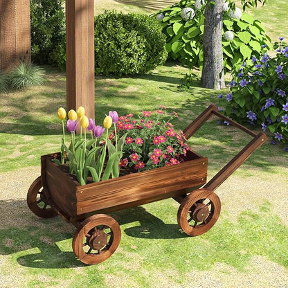 Wooden Wagon Garden Planter Cart with Wheels Rustic Flower Pot – Indoor Outdoor Patio Backyard Balcony Decor for Flowers and Plants(Large)
