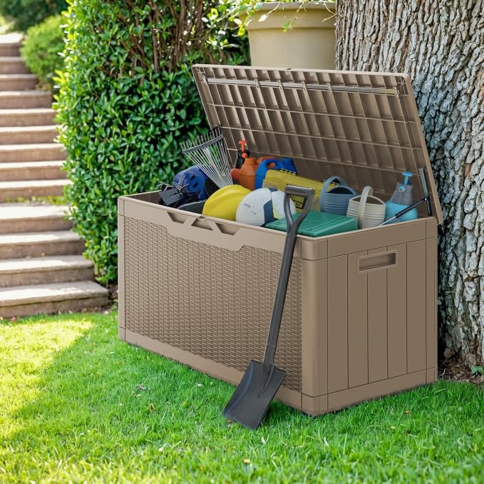 Greesum 100 Gallon Resin Deck Box Large Outdoor Storage with Cushions for Patio Furniture, Garden Tools, Pool Supplies, Weatherproof and UV Resistant, Lockable, Coffee
