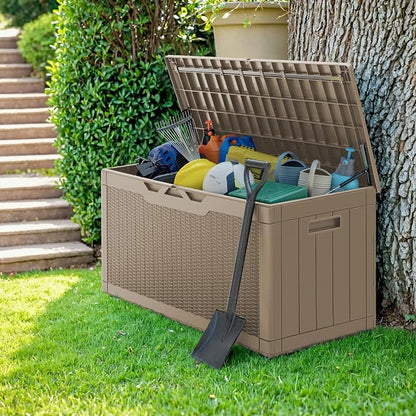 Greesum 100 Gallon Resin Deck Box Large Outdoor Storage with Cushions for Patio Furniture, Garden Tools, Pool Supplies, Weatherproof and UV Resistant, Lockable, Coffee