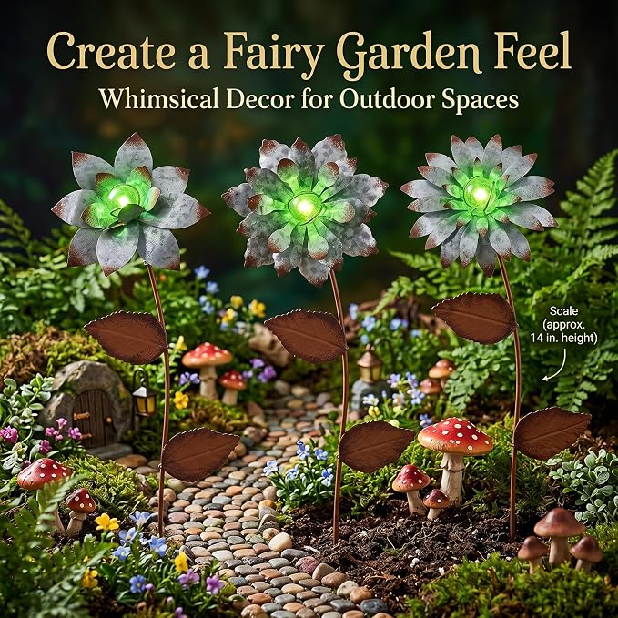 Glow in The Dark Flower Garden Stakes, 3 Pack Colorful Luminous Metal Yard Decor, 14 Inch Outdoor Night Glow Floral Stakes for Lawn, Patio, Flower Beds & Planters