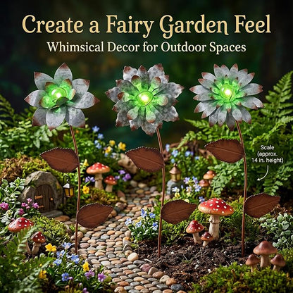 Glow in The Dark Flower Garden Stakes, 3 Pack Colorful Luminous Metal Yard Decor, 14 Inch Outdoor Night Glow Floral Stakes for Lawn, Patio, Flower Beds & Planters