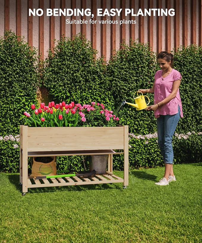 Rolling Elevated Planter Box on Wheels, 48x24x30 Inch Mobile Raised Garden Bed with Locking Casters, Storage Shelf, Wooden Outdoor Planter for Vegetables Flowers Patio Backyard, Natural Wood