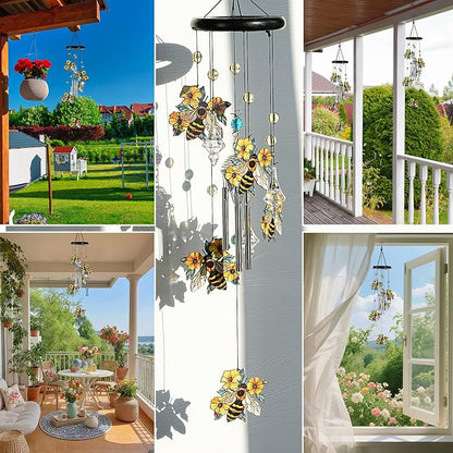 YU FENG Bee Wind Chime with Crystal Suncatcher, Memorial Outdoor Decor | 27 Inch Metal Hanging Chime, Bee Design, Meaningful Gift For Mom Grandma, Garden Yard Patio Decoration