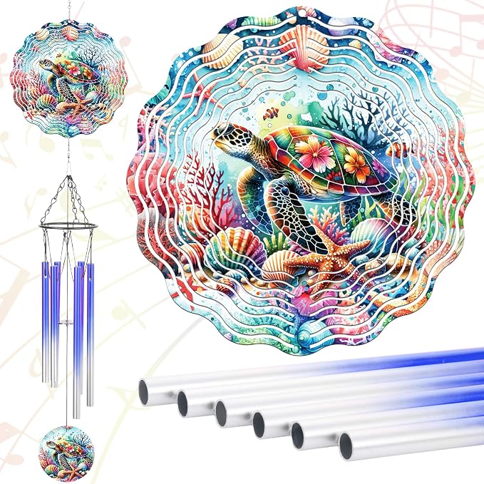 Sea Turtle Gifts Windchime - Metal 3D Wind Spinner with Wind Chime | Outdoor Decor for Garden Yard Patio Lawn Indoor Home Art Hanging Birthday Gift for Women Men Mom Dad Grandma Wife Friends