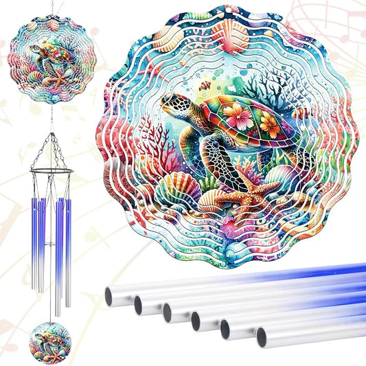 Sea Turtle Gifts Windchime - Metal 3D Wind Spinner with Wind Chime | Outdoor Decor for Garden Yard Patio Lawn Indoor Home Art Hanging Birthday Gift for Women Men Mom Dad Grandma Wife Friends