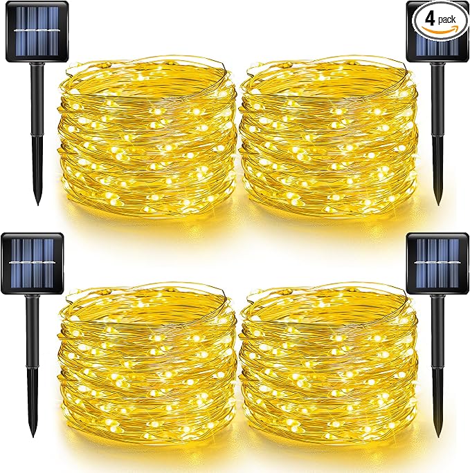 Dazzle Bright 4 Pack Solar String Lights Outdoor, Total 160FT 480LED Solar Powered Waterproof Fairy Lights 8 Modes, Silver Wire Lights for Christmas Patio Party Tree Yard Decoration (Warm White)