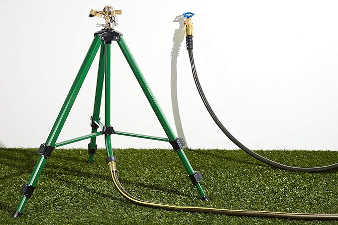 Orbit 1/2 Inch Brass Impact Sprinkler - Adjustable Metal Tripod - Long Range Lawn Watering System - 360 Degree Rotating Sprinkler - Heavy Duty Irrigation System - Adjustable 22-48 Inch Height - 58308