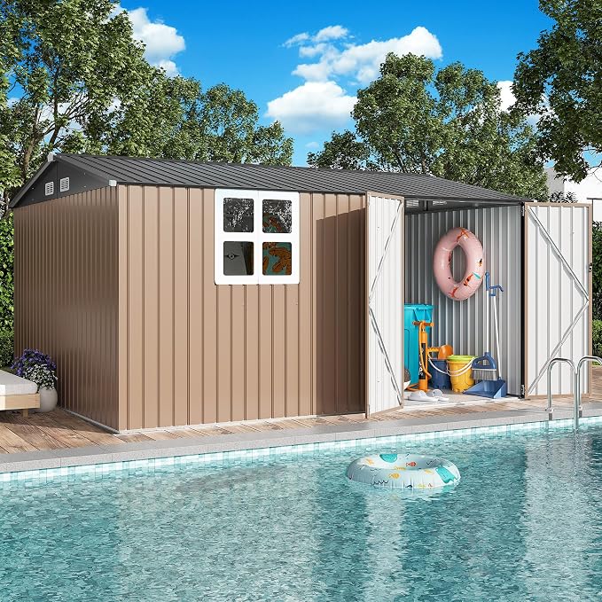IRONCK 10x12 FT Storage Shed with Clear Window, Outdoor Tool Shed with Lockable Doors and Breathable Ventilation, Metal Garden Storage with 9.8x11.5 FT Base for Generators/Bikes/Wheelbarrows, Brown
