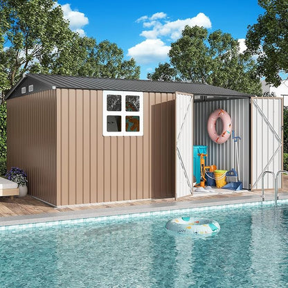 IRONCK 10x12 FT Storage Shed with Clear Window, Outdoor Tool Shed with Lockable Doors and Breathable Ventilation, Metal Garden Storage with 9.8x11.5 FT Base for Generators/Bikes/Wheelbarrows, Brown
