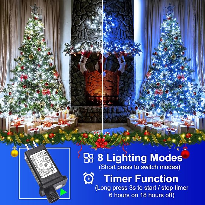 2 Pack Christmas Lights Outdoor, Total 200FT 600 LED Christmas Tree Lights Indoor Waterproof, 8 Modes Plug in String Lights for Outside Patio Garden Xmas Decorations, 1 Pack Blue & 1 Pack White