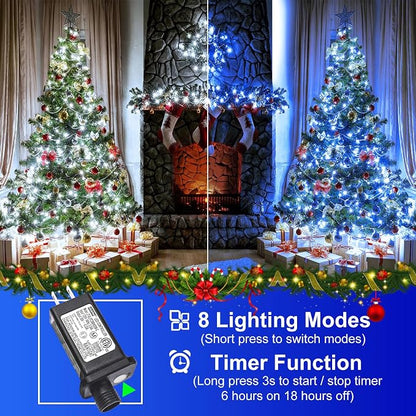 2 Pack Christmas Lights Outdoor, Total 200FT 600 LED Christmas Tree Lights Indoor Waterproof, 8 Modes Plug in String Lights for Outside Patio Garden Xmas Decorations, 1 Pack Blue & 1 Pack White