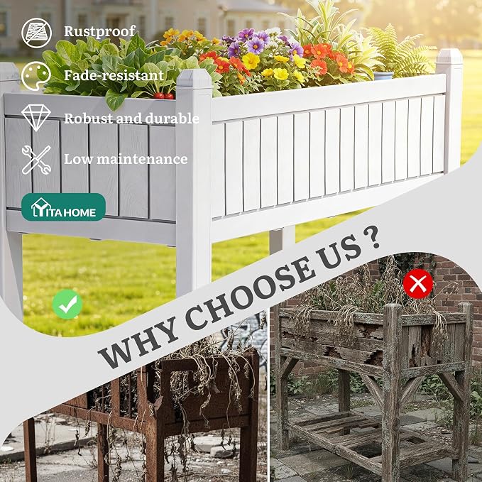 YITAHOME 3.6x1.5x2.8 FT Elevated Garden Bed Kit with Legs and Wheels, Outdoor Large Resin Planter Box Stand with Drain Plug and Storage Shelf for Plants Vegetables Fruits, Grayish-White