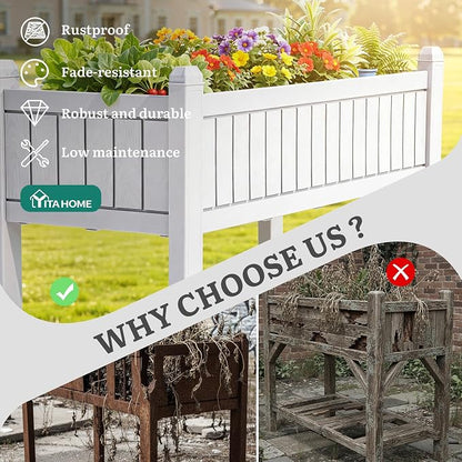 YITAHOME 3.6x1.5x2.8 FT Elevated Garden Bed Kit with Legs and Wheels, Outdoor Large Resin Planter Box Stand with Drain Plug and Storage Shelf for Plants Vegetables Fruits, Grayish-White