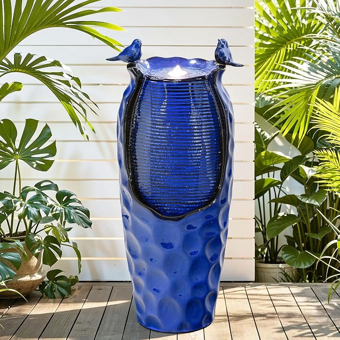 Autodaya 33" Vase Ceramic Outdoor Water Fountain with Lights and Birds | cobalt blue glazed water feature with textured design, ambient soothing cascading water flow for garden patio yard sanctuary