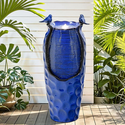 Autodaya 33" Vase Ceramic Outdoor Water Fountain with Lights and Birds | cobalt blue glazed water feature with textured design, ambient soothing cascading water flow for garden patio yard sanctuary