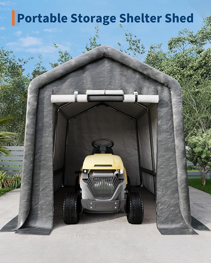 GarveeLife 7x10 ft Outdoor Portable Storage Shed with Roll-Up Door & Vent, 240G Heavy-Duty Shelter Waterproof PE Tarp, UV-Resistant Storage Sheds for Motorcycle, Firewood, Garden and Tools -Gray