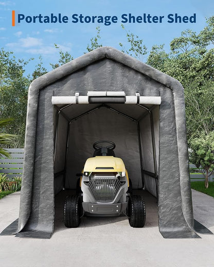 GarveeLife 7x10 ft Outdoor Portable Storage Shed with Roll-Up Door & Vent, 240G Heavy-Duty Shelter Waterproof PE Tarp, UV-Resistant Storage Sheds for Motorcycle, Firewood, Garden and Tools -Gray