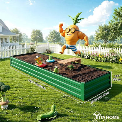 YITAHOME 2pcs 12x4x1ft Galvanized Raised Garden Bed, Metal Planter Box with Safety Rubber, Gloves, Outdoor Flower Bed for Planting Plants Vegetables, Green