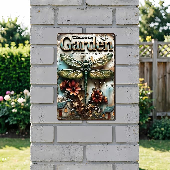 Funny Garden Metal Signs, Vintage Outdoor Wall Decor 8x12 Inch | Welcome to Our Garden Where Memories Grow, Weatherproof Aluminum Sign for Patio Yard Greenhouse, Gift For Gardeners