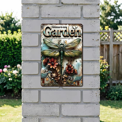 Funny Garden Metal Signs, Vintage Outdoor Wall Decor 8x12 Inch | Welcome to Our Garden Where Memories Grow, Weatherproof Aluminum Sign for Patio Yard Greenhouse, Gift For Gardeners