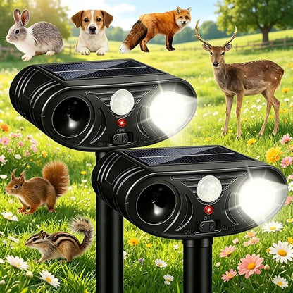 2 Pack Sonic Fortress Pro Deer Repellent Device Outdoor,Solar Animal Repeller for Garden, Squirrel Fortress Pro with PIR Sensor & Flashing Light for Rabbit Fox Raccoon Cats Repellent Outdoor