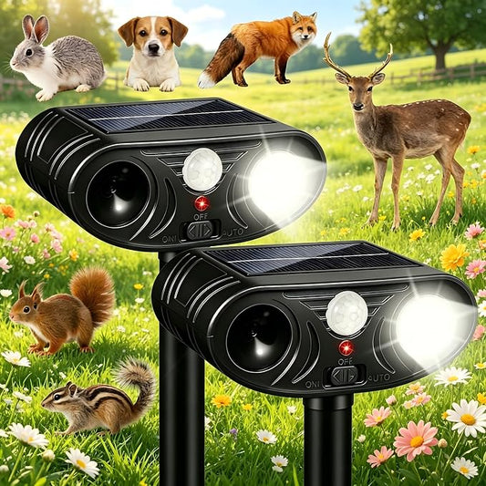 2 Pack Sonic Fortress Pro Deer Repellent Device Outdoor,Solar Animal Repeller for Garden, Squirrel Fortress Pro with PIR Sensor & Flashing Light for Rabbit Fox Raccoon Cats Repellent Outdoor