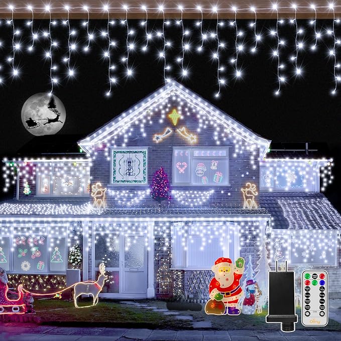 Ollny Icicle Lights for Outside 720LED 60FT, Cool White Christmas Lights with Remote 8 Modes Dimmable, Waterproof Connectable Timer Hanging Light for House Outdoor Yard Indoor Decorations