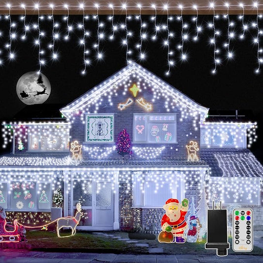 Ollny Icicle Lights for Outside 720LED 60FT, Cool White Christmas Lights with Remote 8 Modes Dimmable, Waterproof Connectable Timer Hanging Light for House Outdoor Yard Indoor Decorations