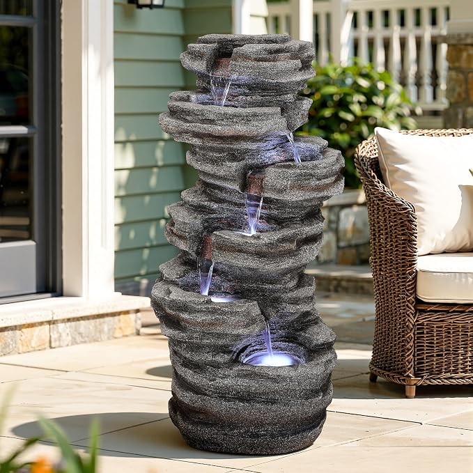Extra-Large Rock Outdoor Water Fountain with LED Lights | 6-Tier Cascading Waterfall for Garden Patio Porch, Weather-Resistant Polyresin Water Feature for Tranquil Oasis