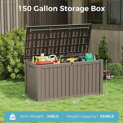 NUNU LAB 151 Gallon Outdoor Storage Box,Resin Large Sturdy Deck Box, Backyard Outside Storage Box Waterproof with Double Wall Panels,Package Delivery Garden Outdoor Hose Storage Bin,Grey