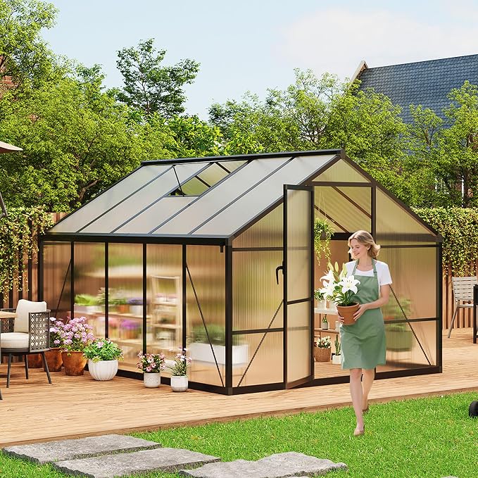 Greenhouse, 8x10 Ft Outdoor Greenhouses, Greenhouse Kit, Portablee Greenhouses with Ground Nails and Vent Windows, Sliding Lockable Door, Polycarbonate Green House for Outside Garden Backyard, Black