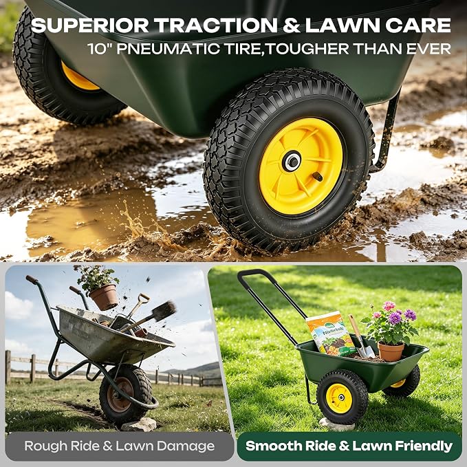 2 Wheel Wheelbarrows, Dual-Wheel Garden Dump Cart with 10" Non-Slip Pneumatic Tires & Ergonomic Padded Handle, Heavy-Duty Utility Yard Cart Wagon with 3 Cu Ft Capacity for Lawn, Gardening,Farm