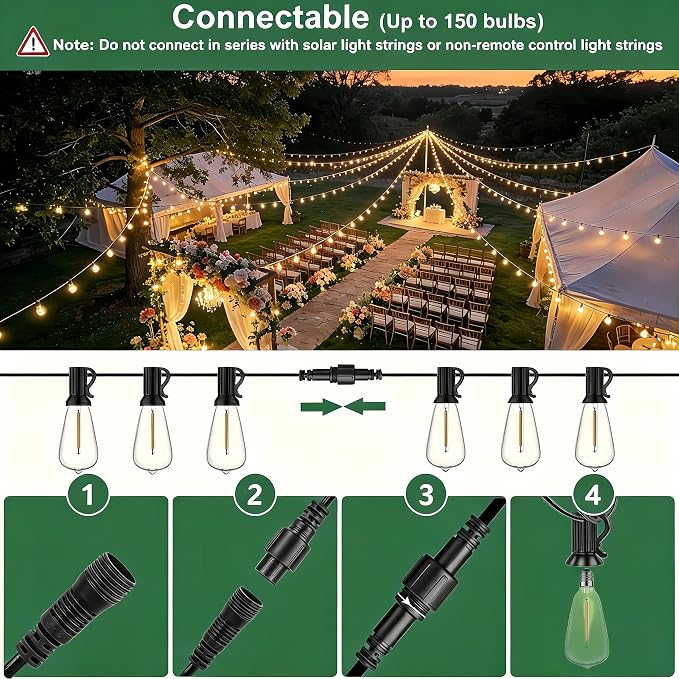 50FT Outdoor String Lights with Remote, Garden Patio Decor with 2500K Warm White, 25+1 LED Edison Bulbs, Support Timer Dimmable Waterproof Shatterproof for Yard Outside Porch Deck Indoor (24V)