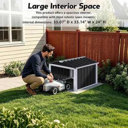 REEMOON 3x3 FT Metal Robot Mower Garage, Small Outdoor Shed, Black | Open-front metal shelter for robot mowers, garden tools, trash bins, and small backyard equipment; assembly required.