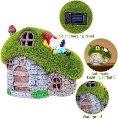 House Garden Statues with Solar Lights, LED Cute Flocked Fairy House with Gnomes Garden Figurine, Outdoor Patio Yard Lawn Decorations Gift