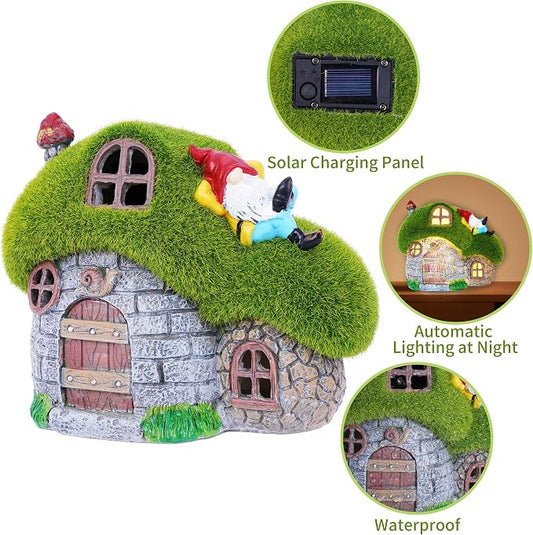 House Garden Statues with Solar Lights, LED Cute Flocked Fairy House with Gnomes Garden Figurine, Outdoor Patio Yard Lawn Decorations Gift