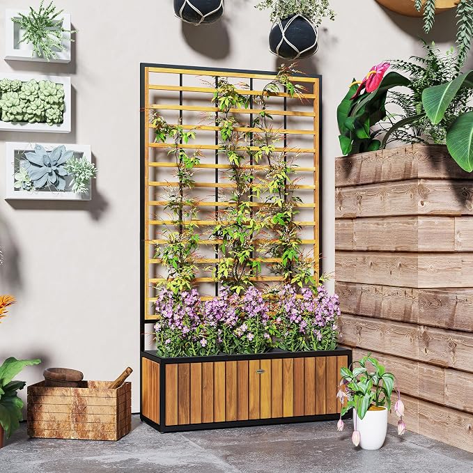 Outsunny Wooden Raised Garden Bed with Trellis, Removable Pots, Drainage Holes for Climbing Vines, Vegetables, Flowers, Raised Planter Box for Backyard, Patio, Balcony, 29 x 11 x 52 in., Teak