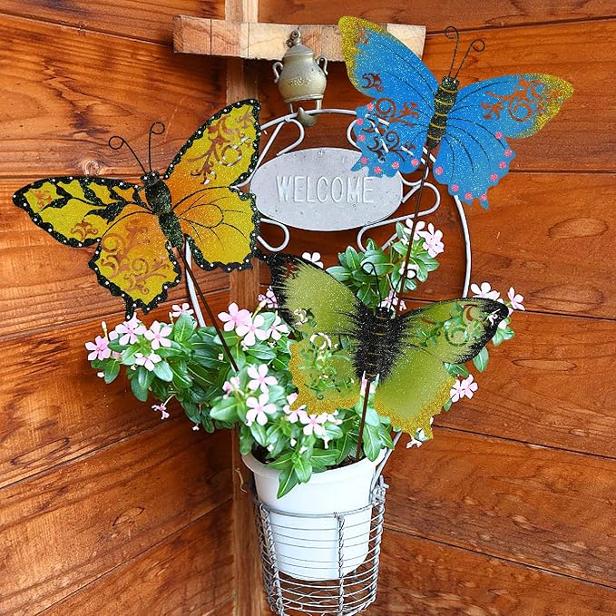 3 Pack Butterfly Garden Stakes Decor, 17" H Metal Butterflies Stakes Yard Art Ornaments for Indoor Outdoor Lawn Porch Pathway Patio Plant Pot Flower Bed Decor