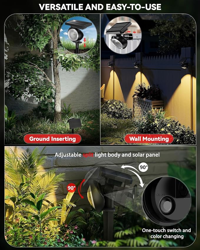 Focusing Solar Spot Lights Outdoor Waterproof, RGB+3CCT Tree Uplights 8Pack | Multicolor Focused Lens Spotlight, Dusk-to-dawn Light, Stake or Wall Mounting for Yard Landscape Garden Path Halloween Decor
