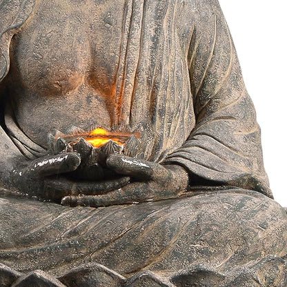 Teamson Home Buddha Zen Statue Water Fountain, Stone Gray | LED Light, Pump Included, Outdoor Patio Garden Backyard Decking, 28 Inch Height