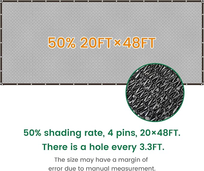 Shade Cloth, 20FT X 48FT 50% Black Outdoor Woven Sun Shade with Grommets, Durable Breathable Netting Shading Antifreezing for Patio, Garden, DIY Home, Plants Cover, Greenhouse, Dog Kennel