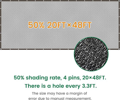 Shade Cloth, 20FT X 48FT 50% Black Outdoor Woven Sun Shade with Grommets, Durable Breathable Netting Shading Antifreezing for Patio, Garden, DIY Home, Plants Cover, Greenhouse, Dog Kennel