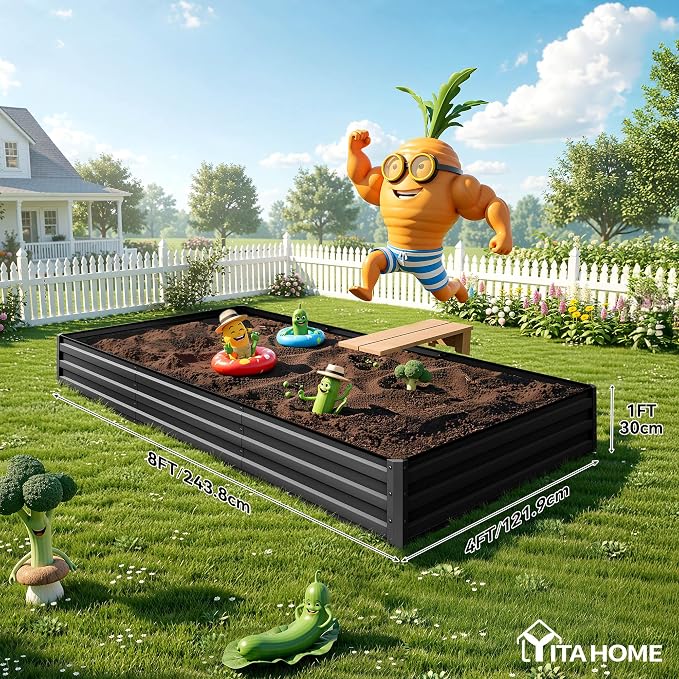 YITAHOME 4pcs 8x4x1ft Galvanized Raised Garden Bed, Metal Planter Box with Safety Rubber, Gloves, Outdoor Flower Bed for Planting Plants Vegetables, Black