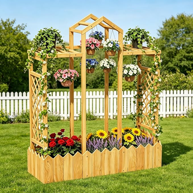 Raised Garden Bed with Arch Trellis, Wood Planter Box with Hanging Roof & Side Trellis, Above Ground Elevated Garden Bed for Outdoor Climbing Plants, Vines, Patio, Balcony