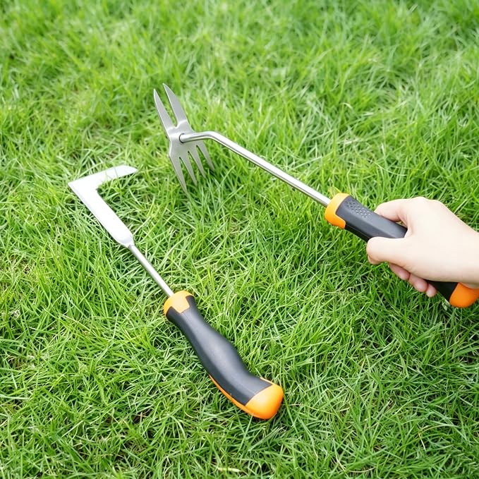 2PCS Weed Puller Tool, Manual Weeder Crack Weeder Garden Weeding Tools | Stainless Steel 4-Teeth Hand Weed Pulling Tools, Rubber Handle Weed Remover Tool for Uprooting Gardening Planting